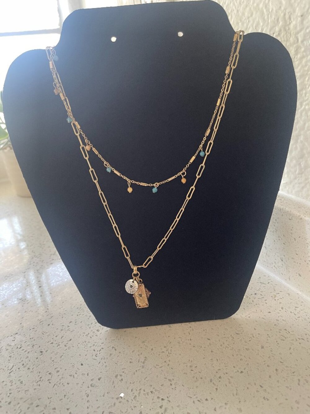 Boho Gold Layered Sun Charm Semiprecious Necklace New with Tags